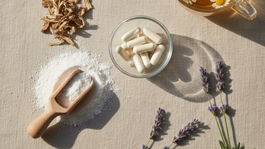 A variety of best natural sleep aids including chamomile tea, lavender oil, magnesium supplements, and melatonin capsules arranged on a bedside table.