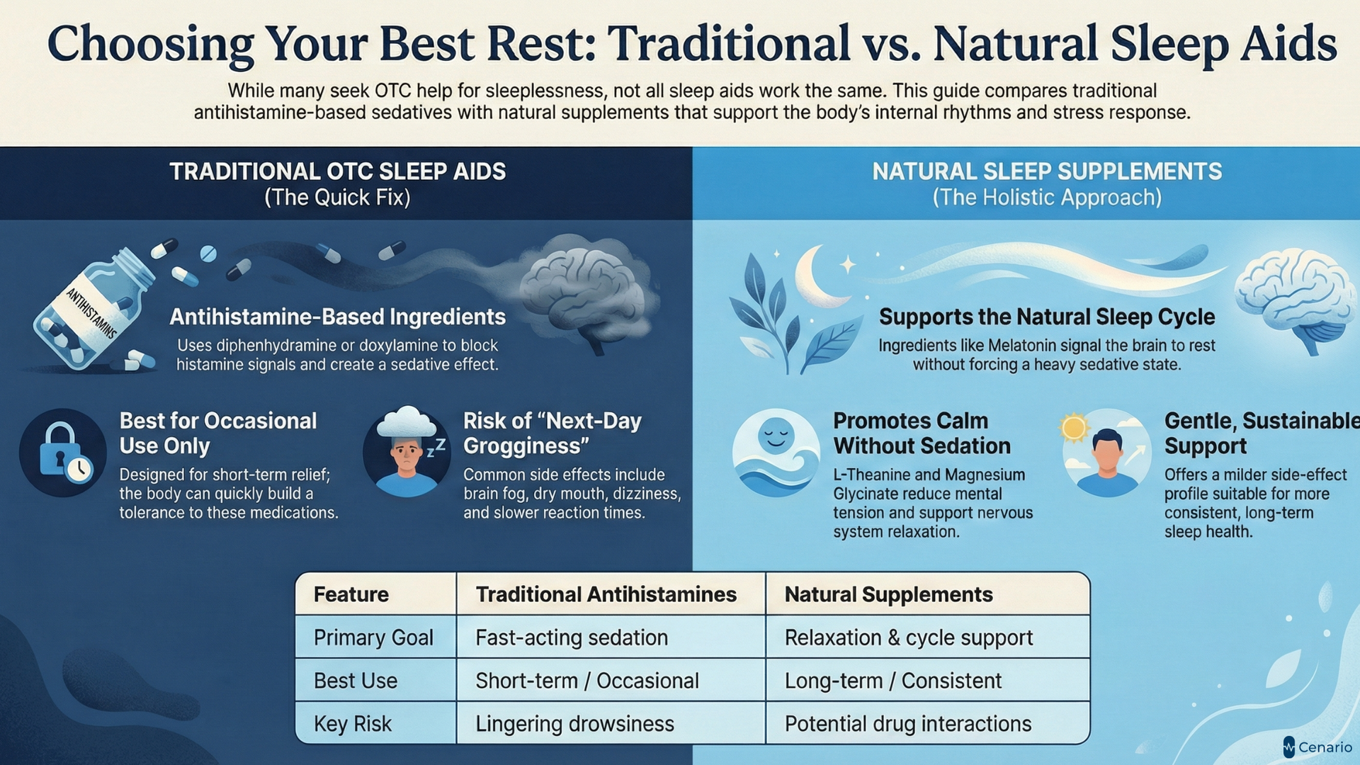 A selection of best over the counter sleep aids, including melatonin, diphenhydramine, and herbal supplements, displayed on a pharmacy shelf.