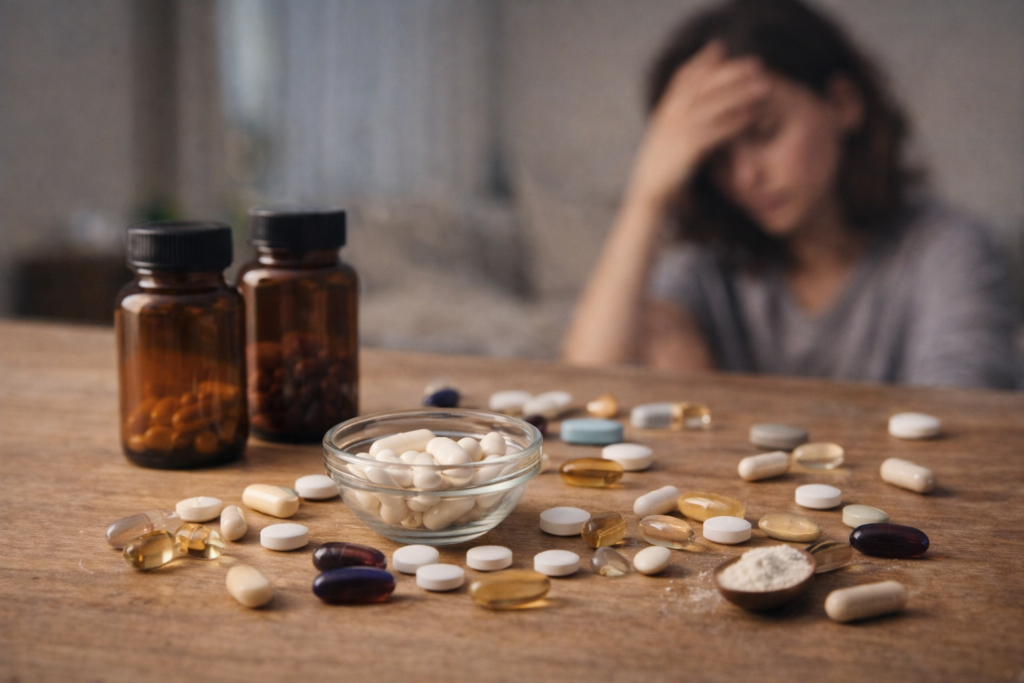 A selection of over-the-counter sleep aids for adults with anxiety, including melatonin, valerian root, and magnesium supplements on a bedside table.