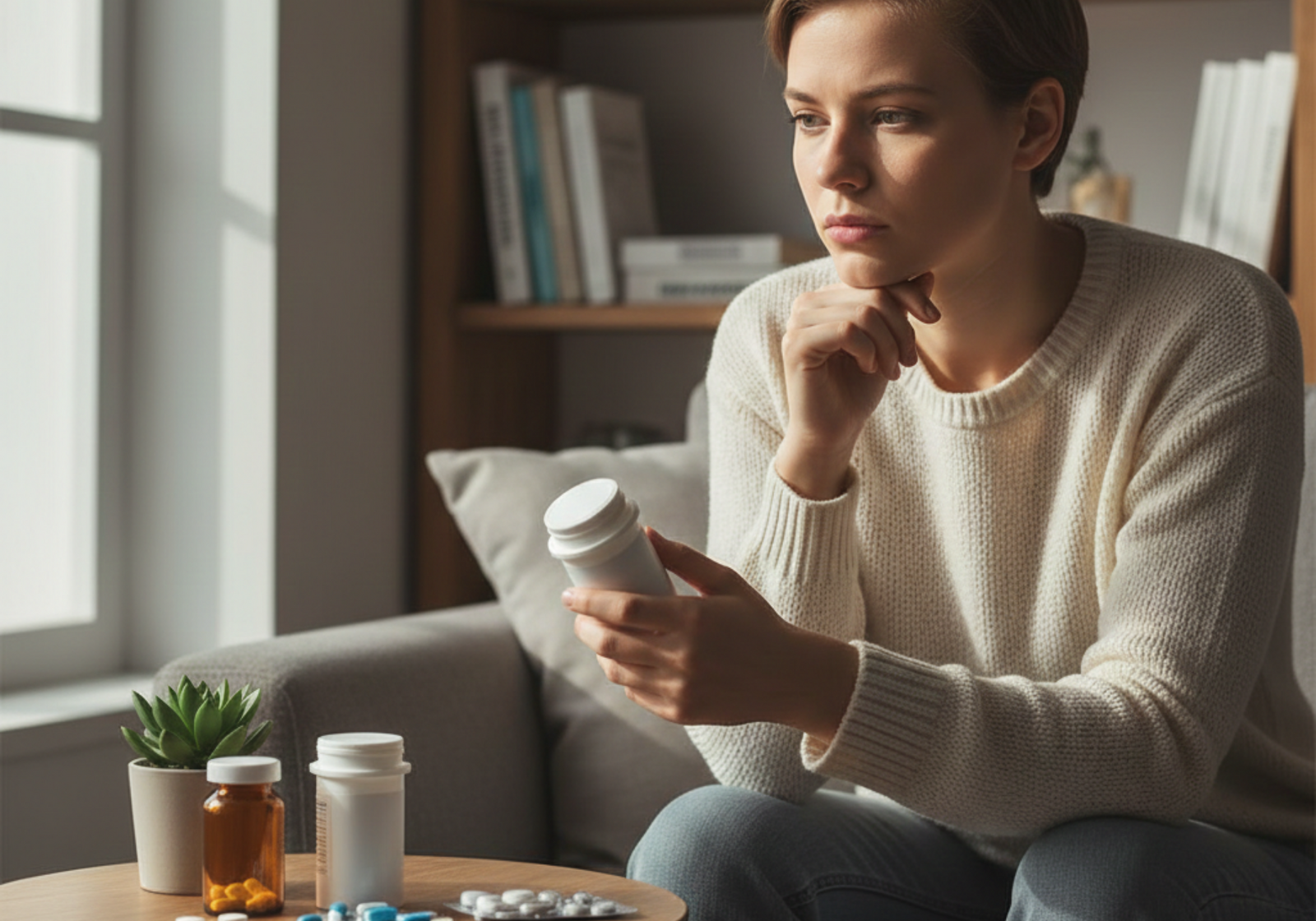 Illustration showing common side effects of bipolar disorder medication, including weight gain, drowsiness, tremors, and digestive issues.