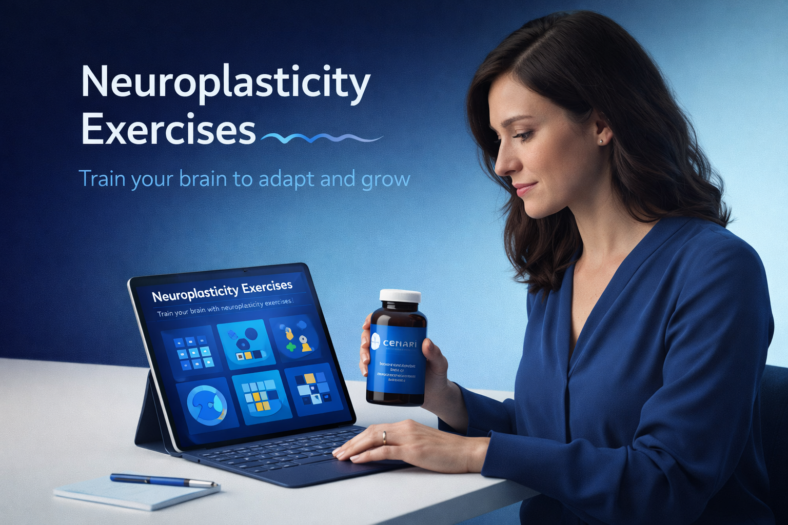 A person practicing neuroplasticity exercises, such as memory games and coordination tasks, to enhance brain function and cognitive flexibility.