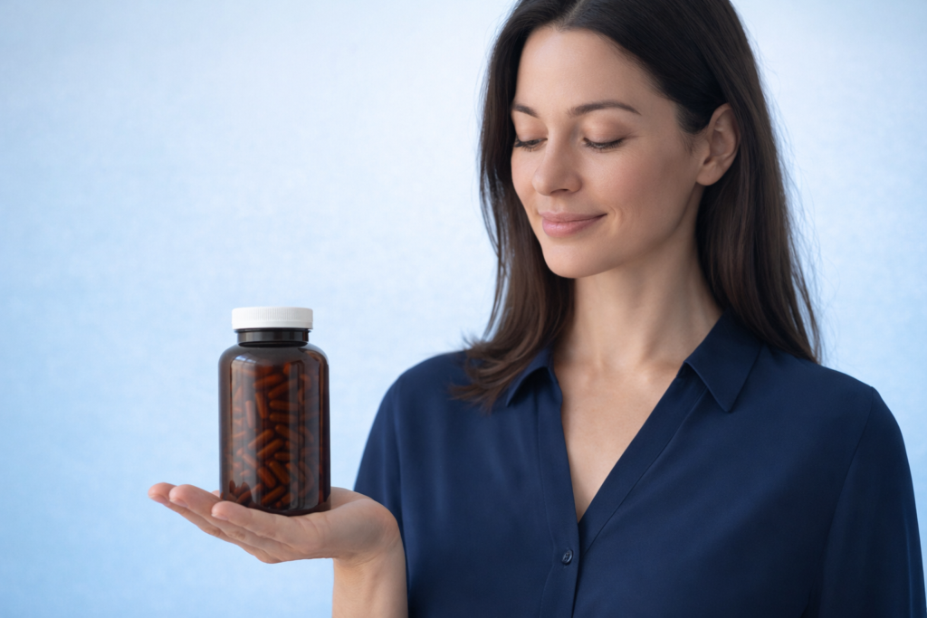 A colorful assortment of foods that boost memory, including blueberries, walnuts, salmon, broccoli, pumpkin seeds, and dark chocolate on a wooden table.
