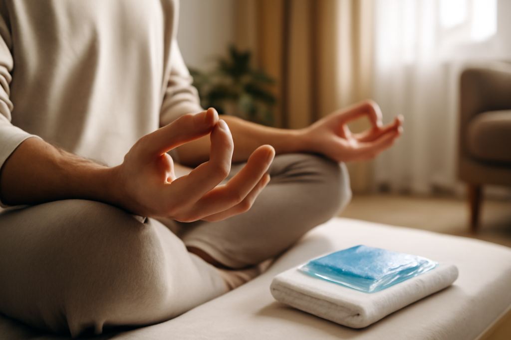 Person practicing vagus nerve exercises by deep breathing and gentle neck stretches to stimulate relaxation and support nervous system health at home.