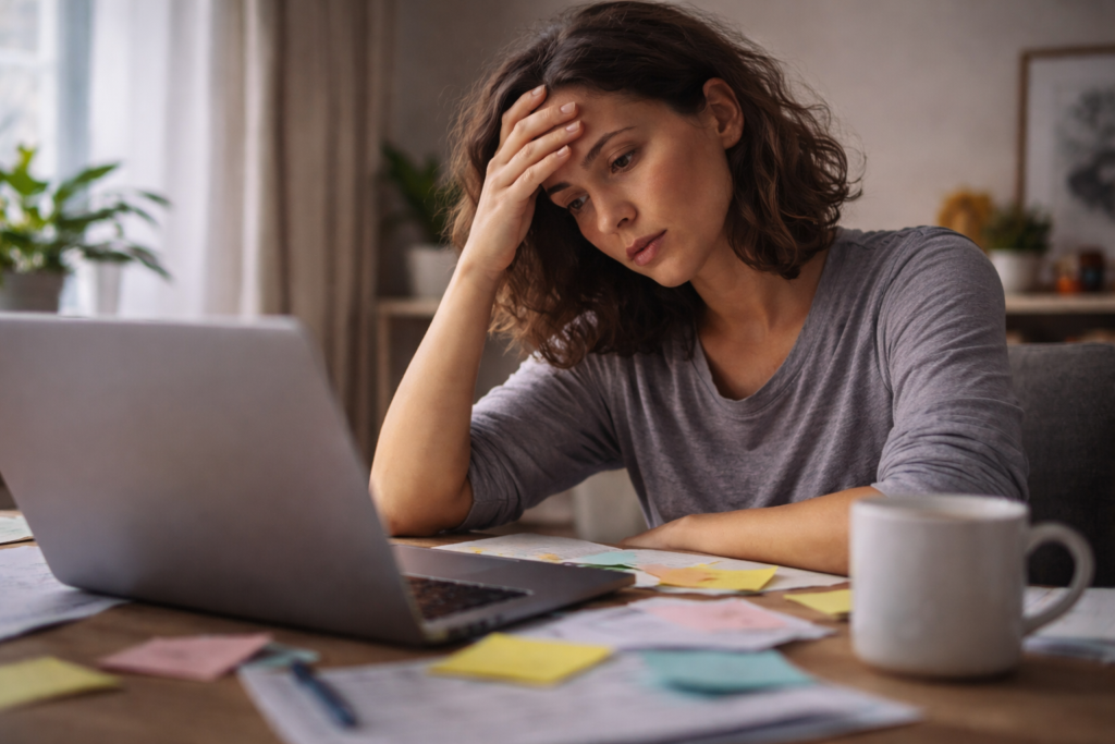 A selection of natural remedies for brain fog, including herbal teas, leafy greens, nuts, and a glass of water, arranged on a wooden table.