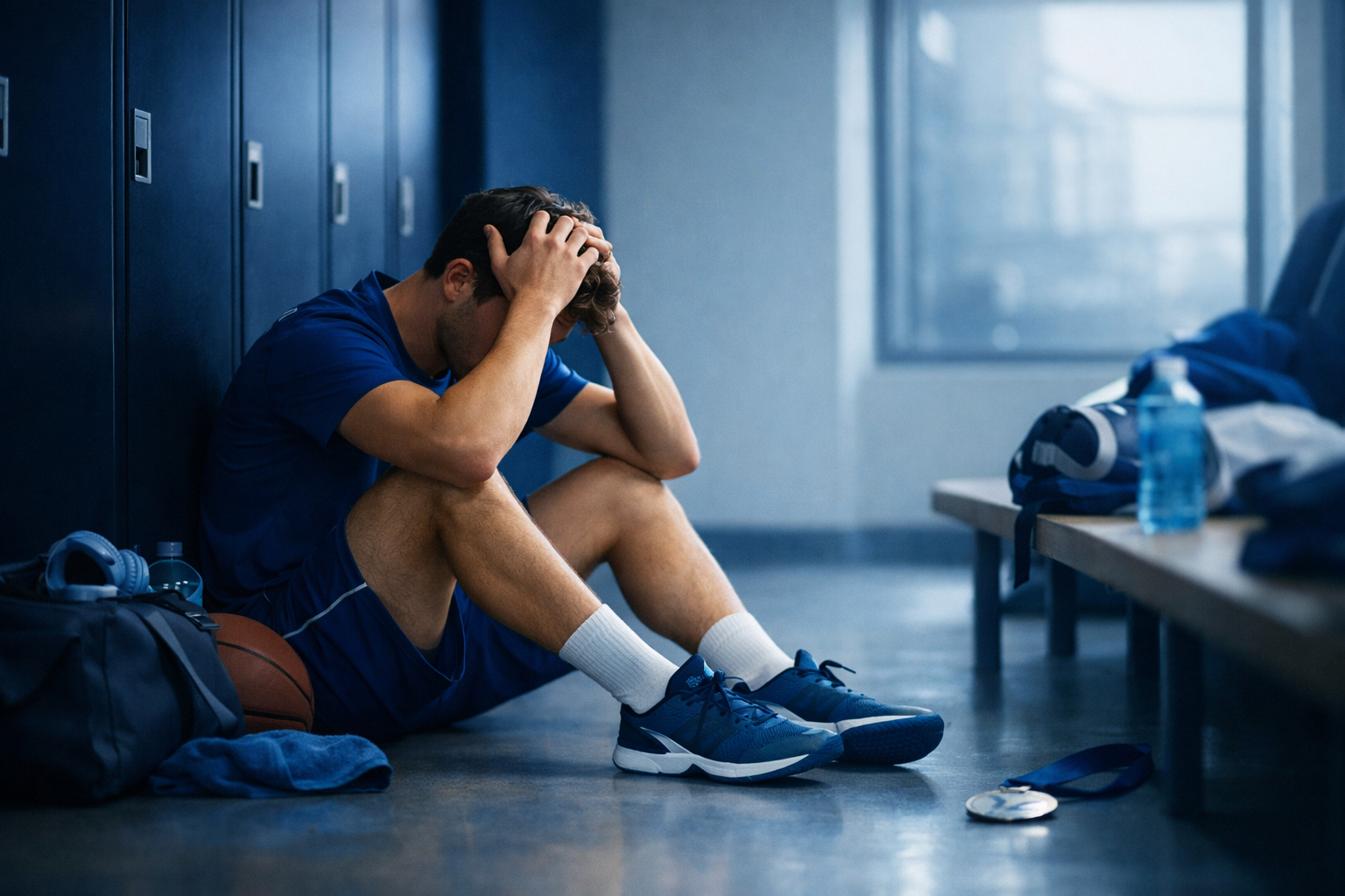 A young athlete sits on a bench in a locker room, head in hands, visibly stressed, highlighting the importance of mental health in sports.