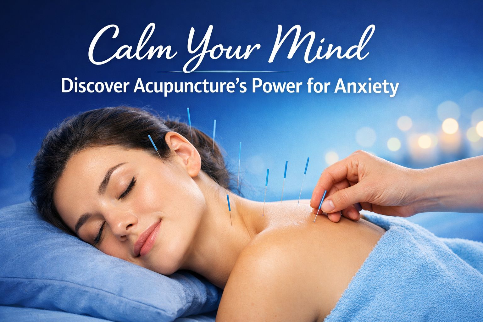 A woman receives acupuncture treatment for anxiety, with fine needles placed on her forehead and hands in a calm, therapeutic clinic setting.