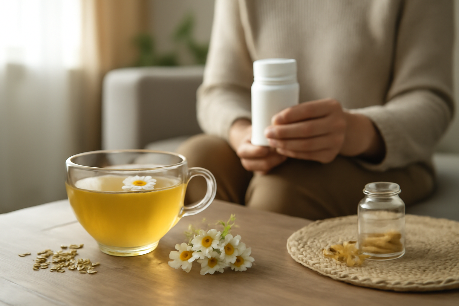 Cup of chamomile tea with flowers and supplement bottles on table