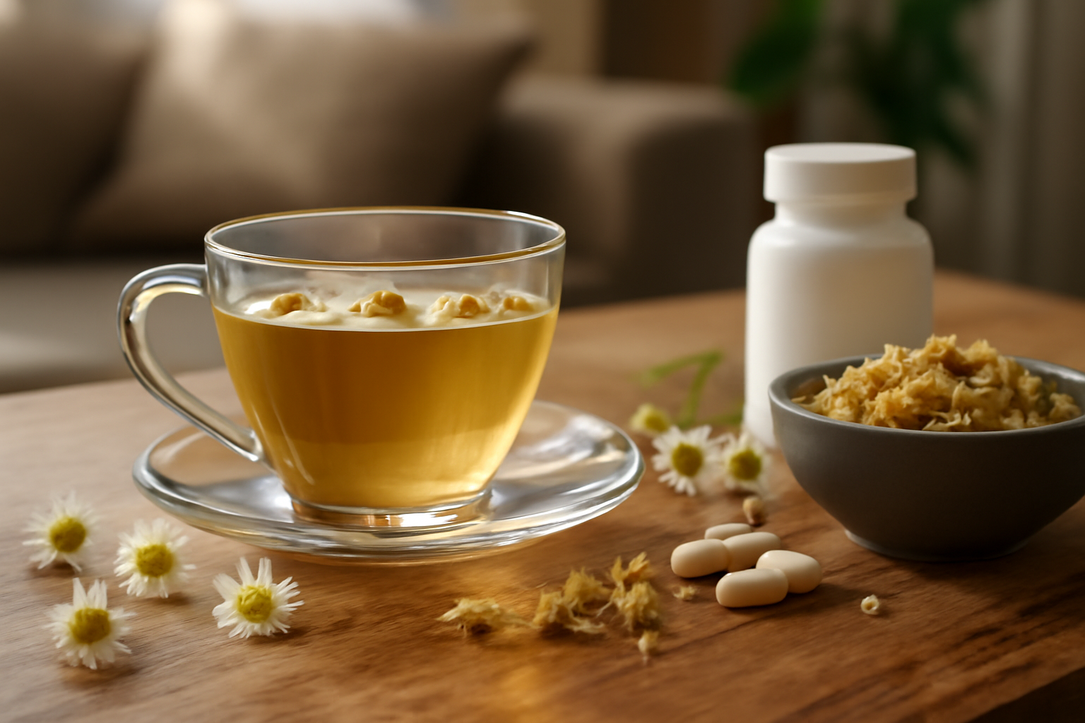 Cup of chamomile tea with dried flowers, capsules, and a bottle