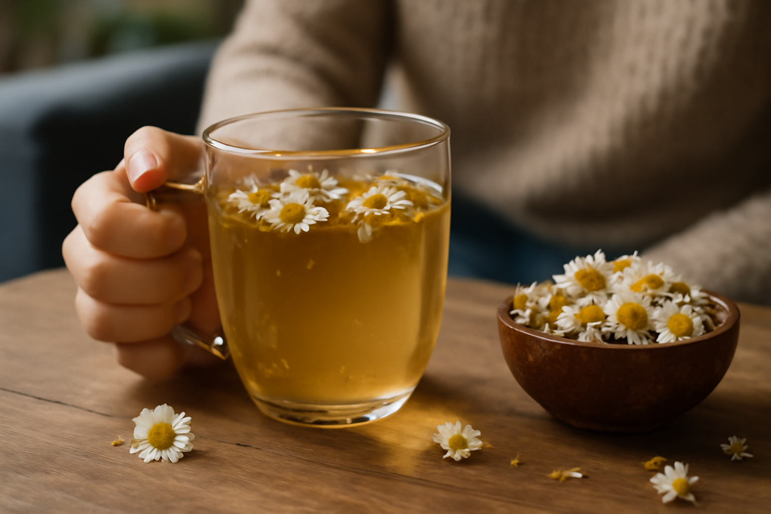 A cup of chamomile tea on a table, symbolizing its use as a natural remedy for managing symptoms of anxiety disorder and promoting relaxation.