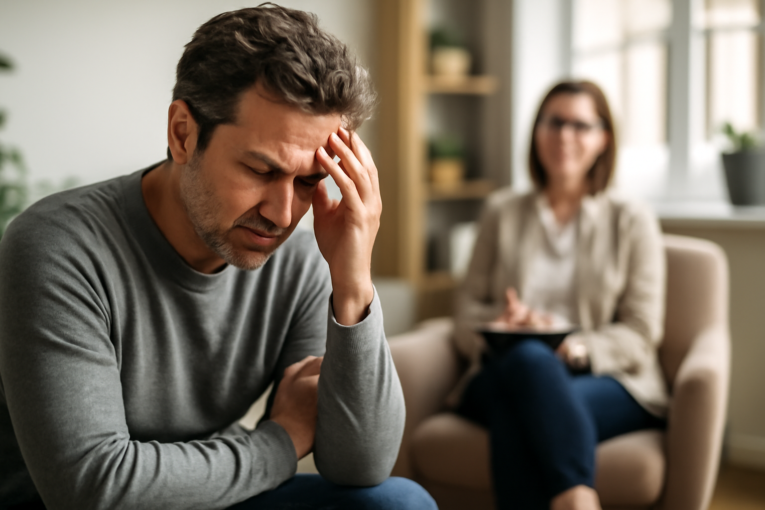 Man with stressed expression in therapy session