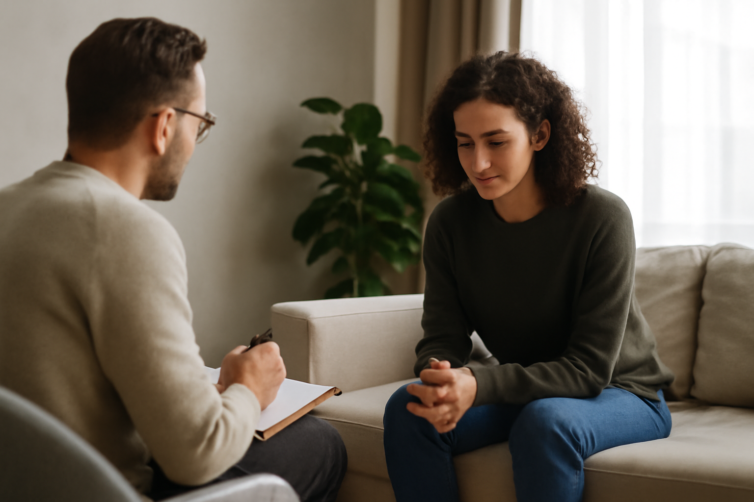 Person receiving counseling from a therapist in a cozy room