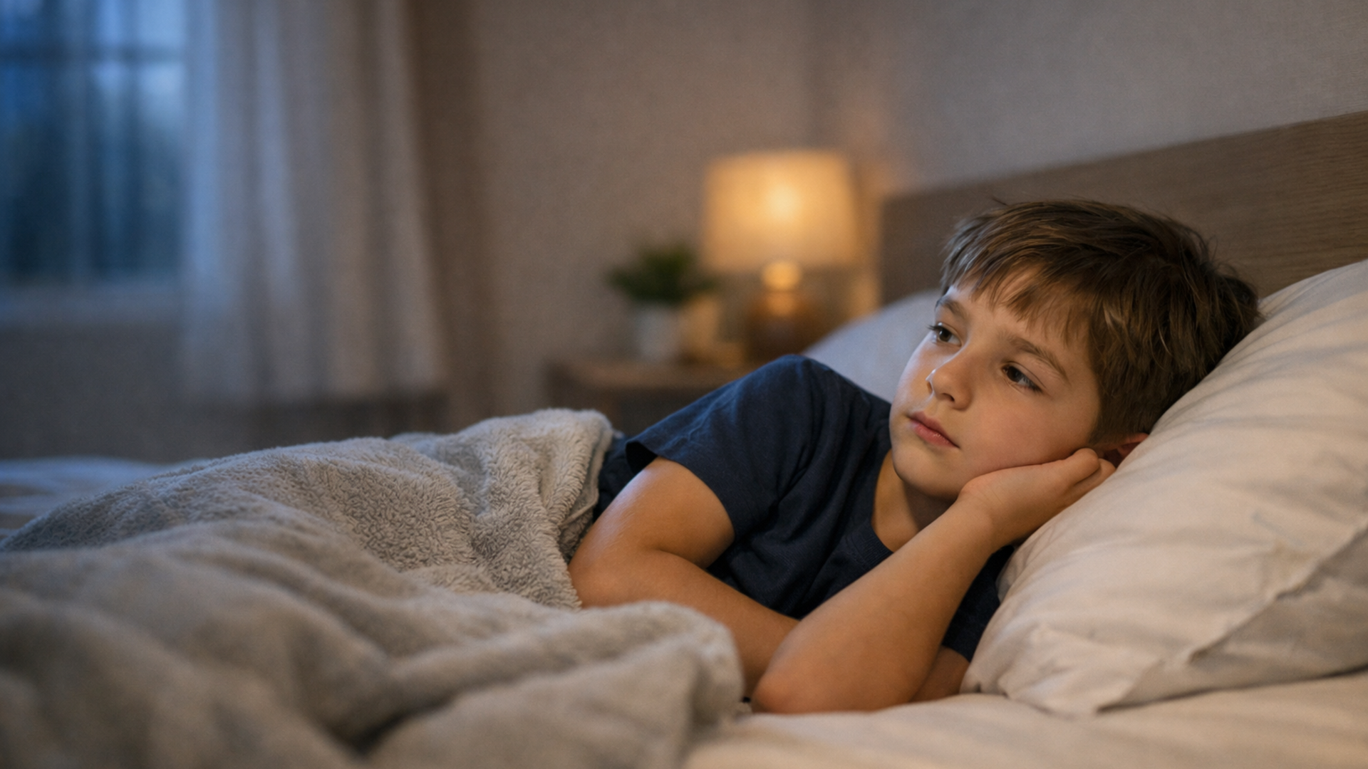 A young child lying awake in bed at night, looking restless and unable to sleep, illustrating the struggle with child insomnia.