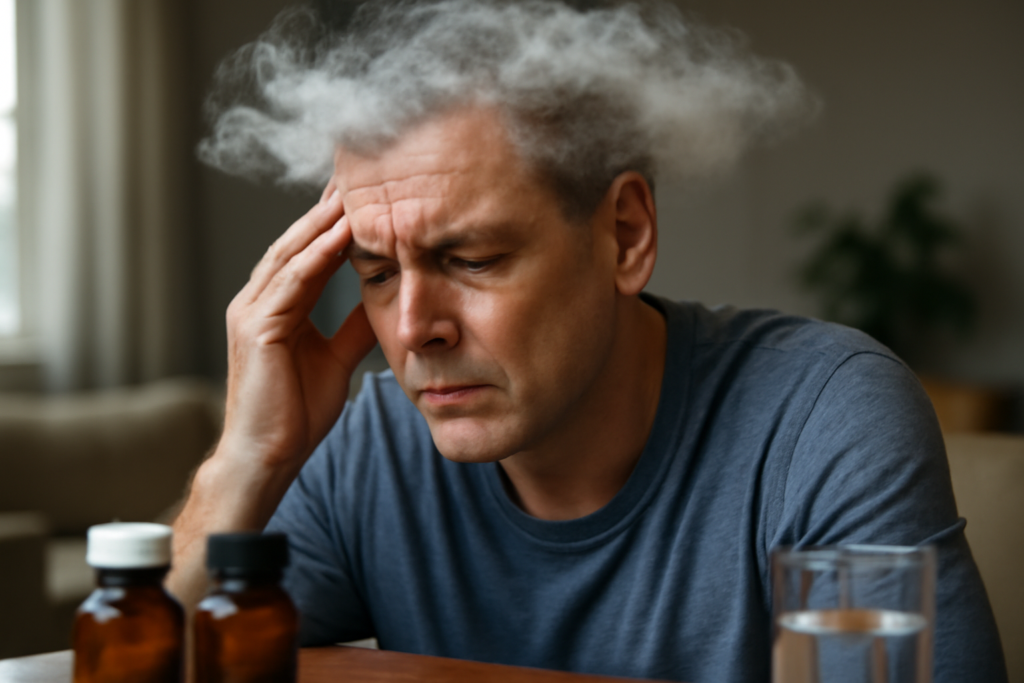 A variety of natural remedies for brain fog, including herbal teas, healthy foods, hydration, and mindfulness practices arranged on a wooden table.