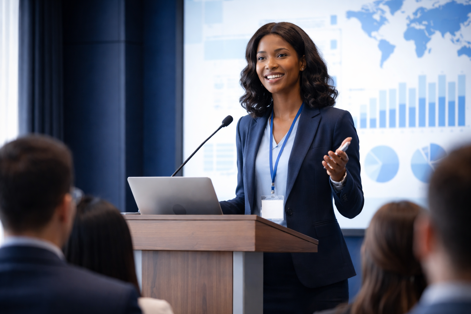 A person practicing deep breathing and positive visualization techniques before speaking to an audience to overcome public speaking anxiety.