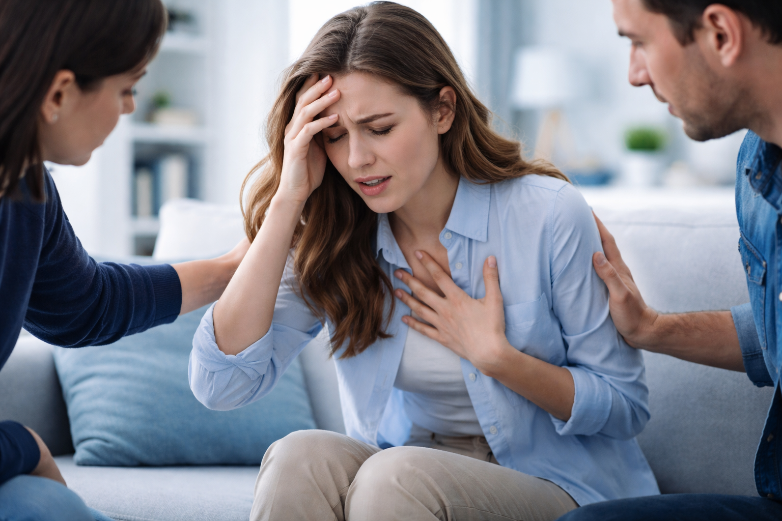 Bottles of natural supplements for panic attacks, including magnesium, L-theanine, and ashwagandha, arranged on a table with capsules and tablets.