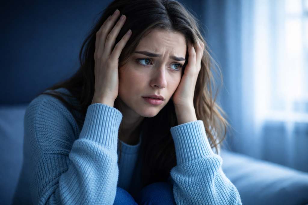 A person practices deep breathing exercises and mindfulness meditation at home as natural methods to manage anxiety without medication.