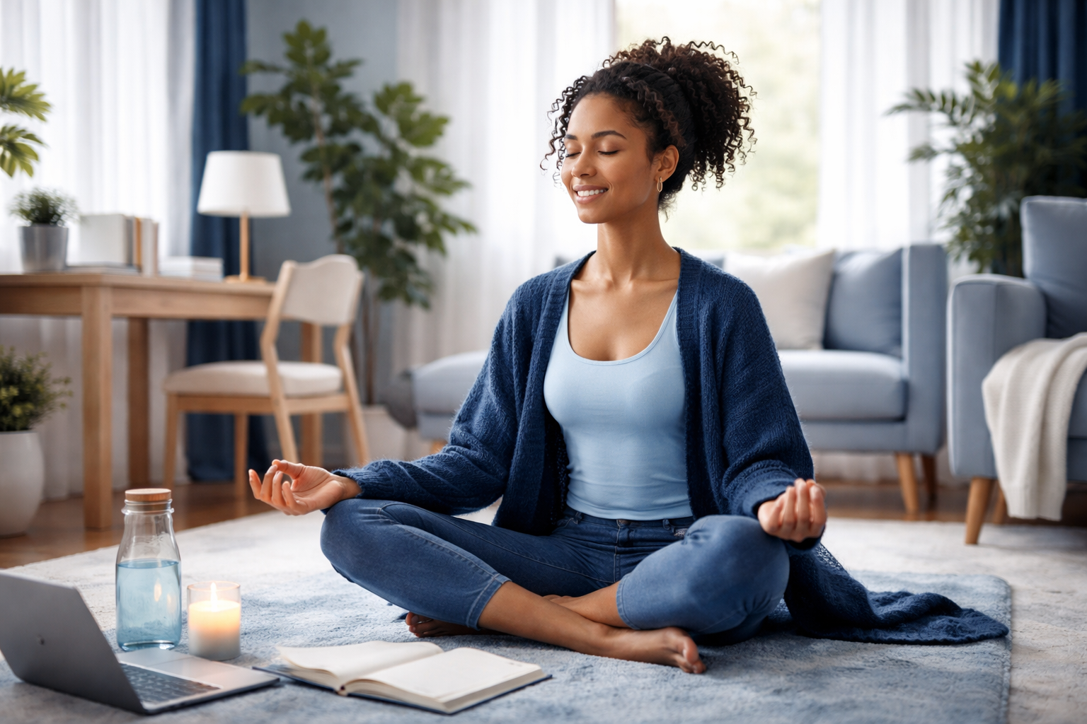 Illustration showing natural ways to reduce cortisol levels, including exercise, meditation, healthy eating, quality sleep, and stress management techniques.