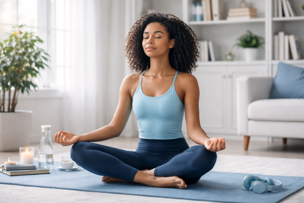 A selection of adaptogenic herbs and supplements, such as ashwagandha and rhodiola, displayed on a table to illustrate natural stress relief options.