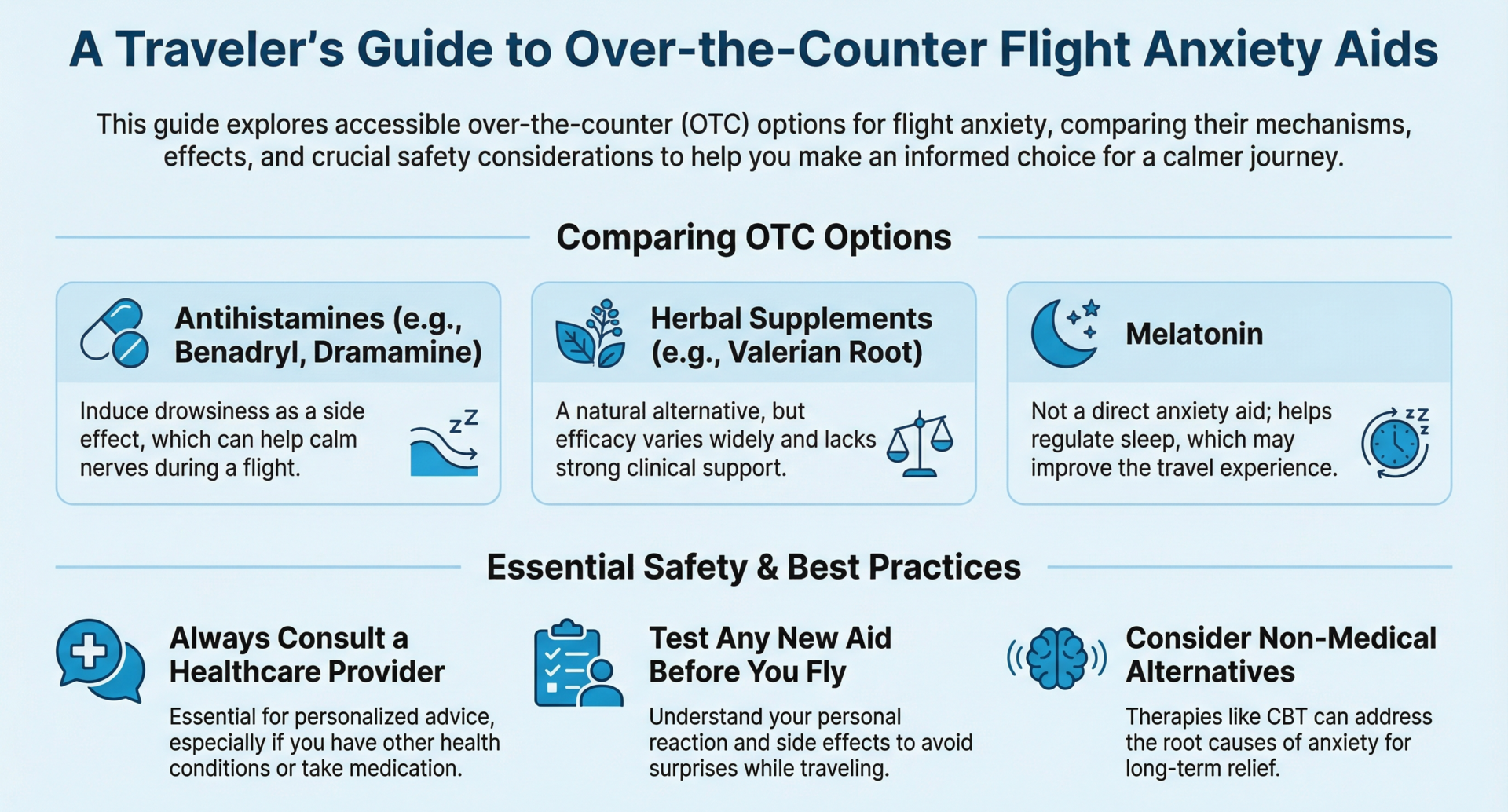 A selection of over-the-counter flight anxiety medications, including herbal supplements and non-prescription remedies, displayed on a pharmacy shelf.