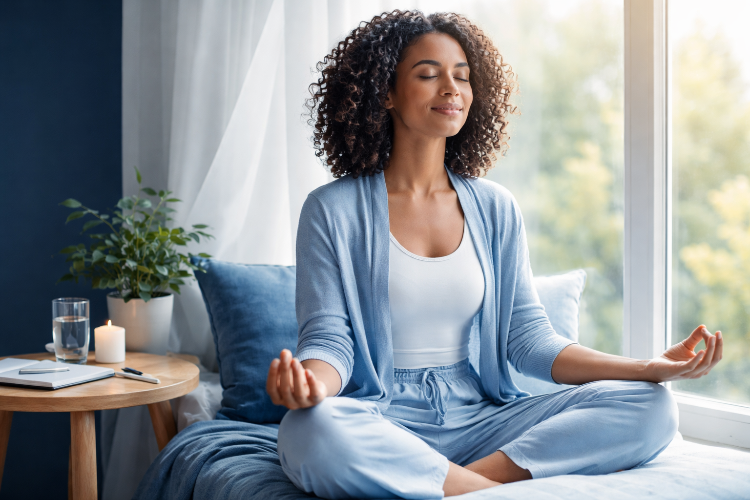 A person practices self soothing techniques by deep breathing, holding a comforting object, and listening to calming music in a peaceful home environment.