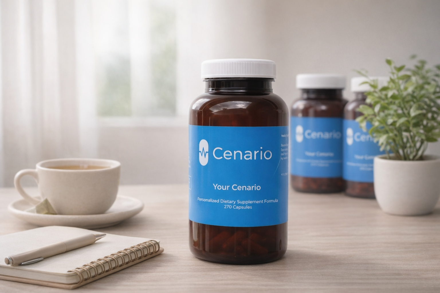 A steaming cup of herbal stress relief tea with chamomile and lavender flowers, set on a wooden table, promoting relaxation and calmness.