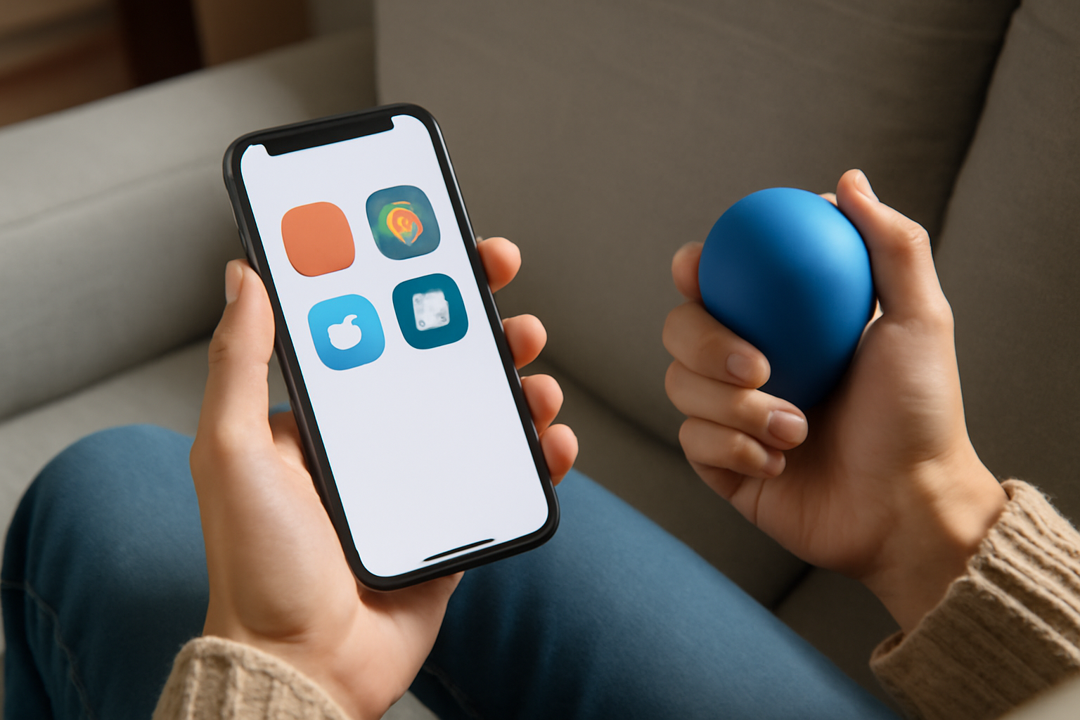 Smartphone screen displaying top-rated apps for anxiety management, including guided meditation, breathing exercises, mood tracking, and relaxation tools.