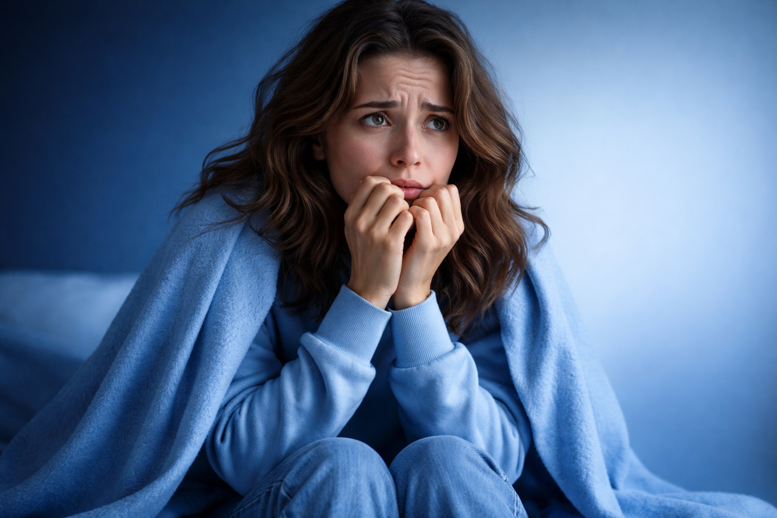 A person sitting alone with a worried expression, holding their head, illustrating signs of anxiety and self-reflection about mental health concerns.