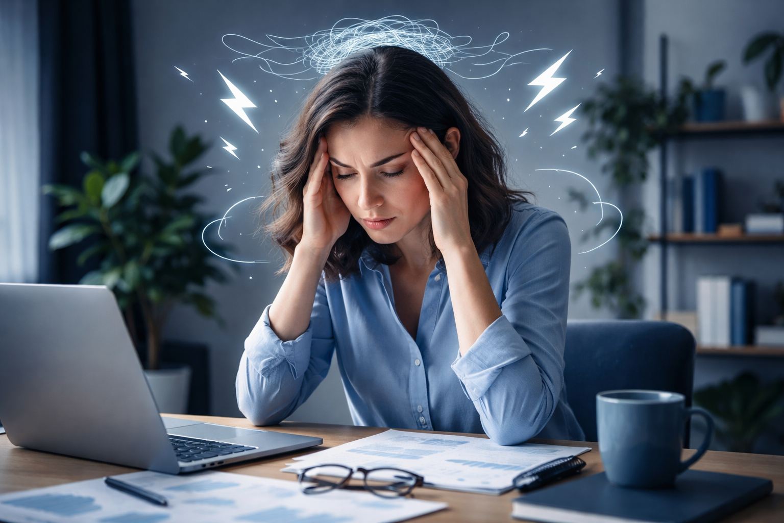 A person experiencing episodic acute stress, showing signs of anxiety and tension, with visible distress and rapid breathing in a high-pressure situation.