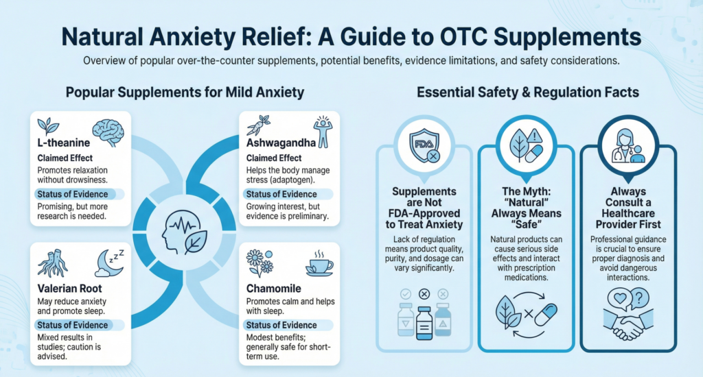 A selection of over-the-counter stress and anxiety medications, including herbal supplements and calming tablets, displayed on a pharmacy shelf.