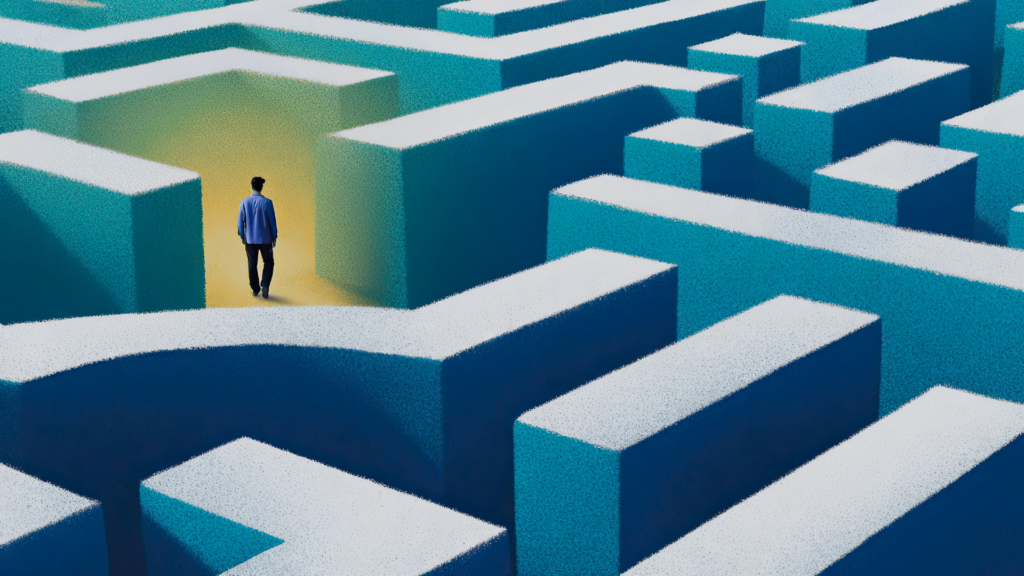 A person sits alone on a bench, head in hands, surrounded by a gray, empty landscape, symbolizing the feeling of being stuck in life and uncertain.