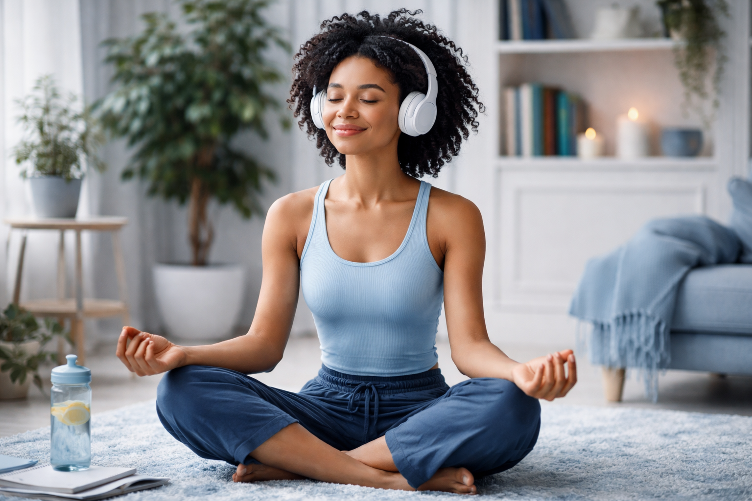 A person sitting quietly with hands clasped in prayer, seeking peace of mind and inner calm in a serene, softly lit environment.