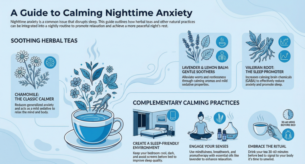 A person practices deep breathing and relaxation techniques in a dimly lit bedroom to help calm anxiety at night and promote restful sleep.
