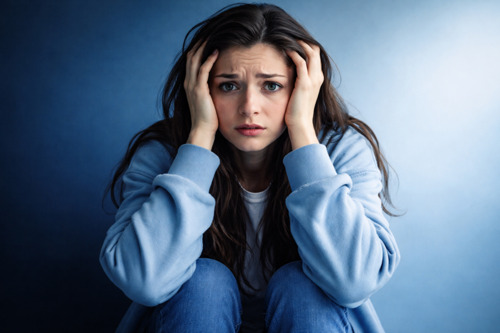 A bottle of GABA supplement capsules with dosage instructions for managing severe anxiety, placed on a table next to a glass of water.