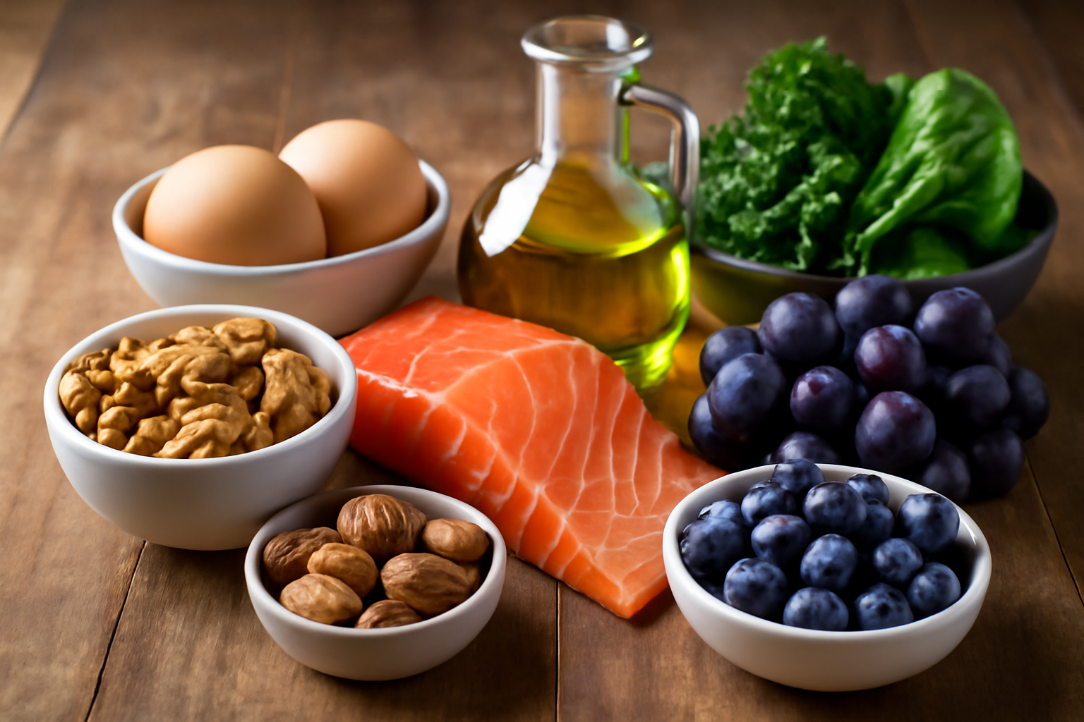 Salmon, eggs, walnuts, almonds, blueberries, grapes, olive oil, and leafy greens