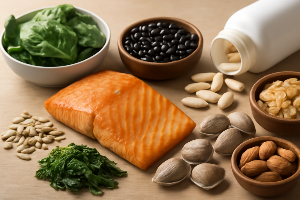 A bowl of fresh blueberries on a wooden table, with a few scattered berries and green leaves, highlighting their vibrant blue color and natural texture.