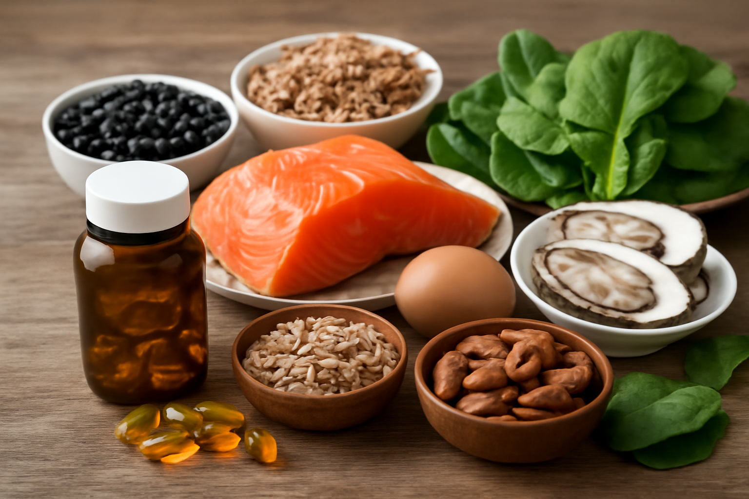 Various foods rich in B vitamins including salmon, egg, leafy greens, and supplements