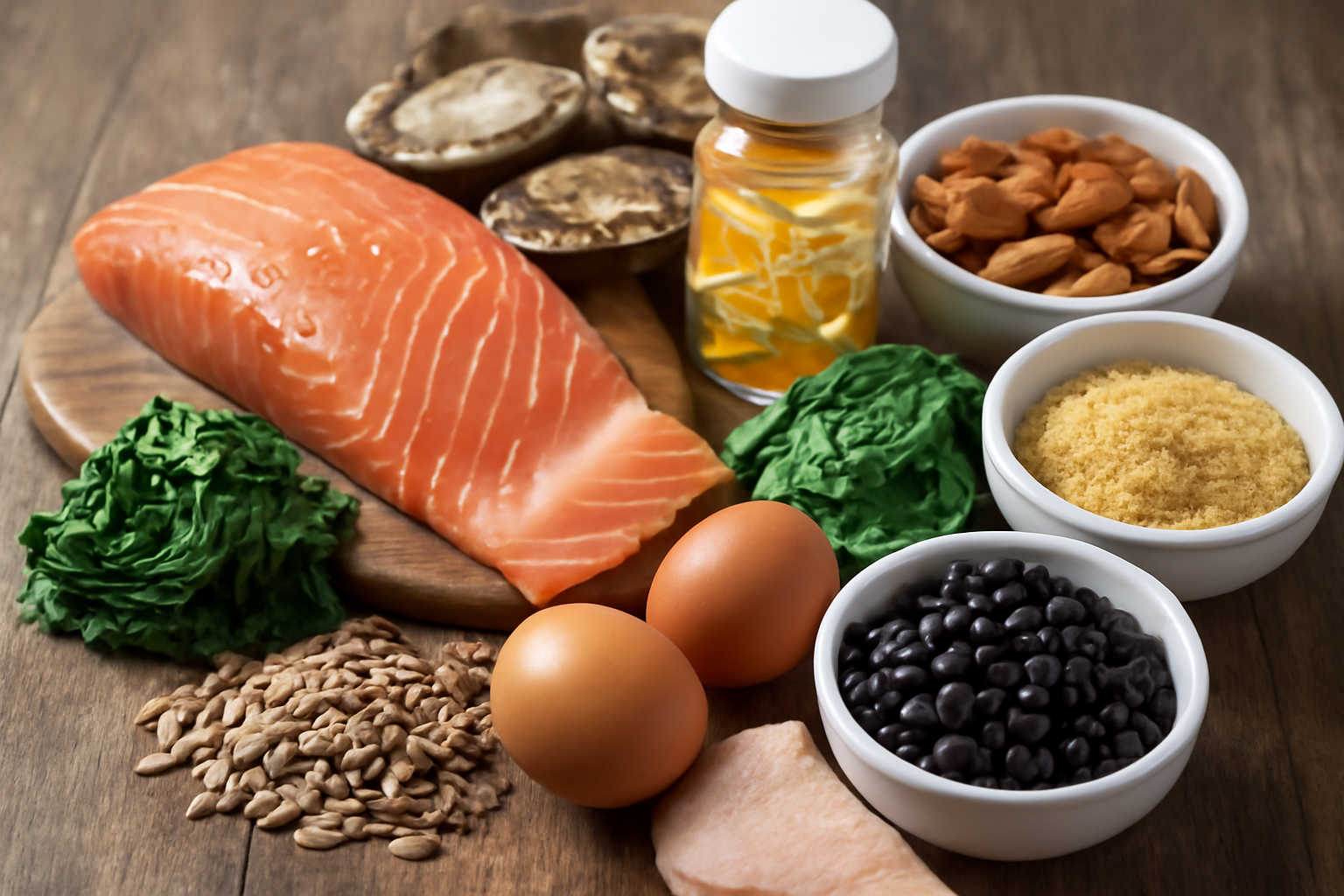 Salmon, eggs, leafy greens, nuts, seeds, black beans, and supplement bottle