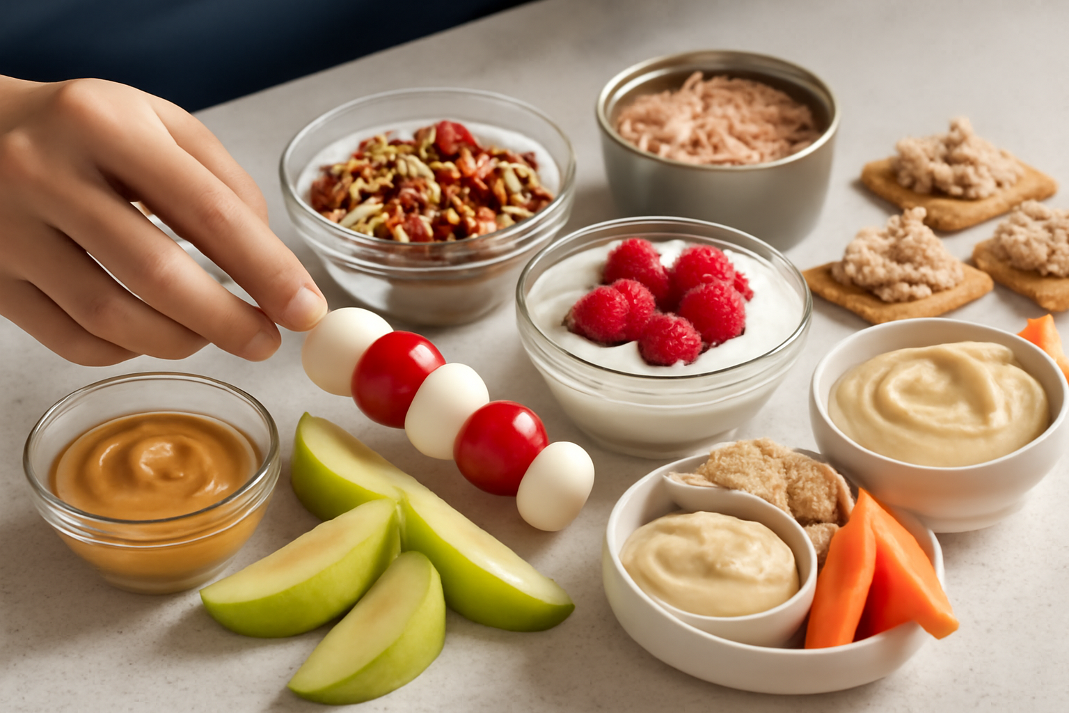 Hand picking a tomato and mozzarella skewer among healthy snack bowls