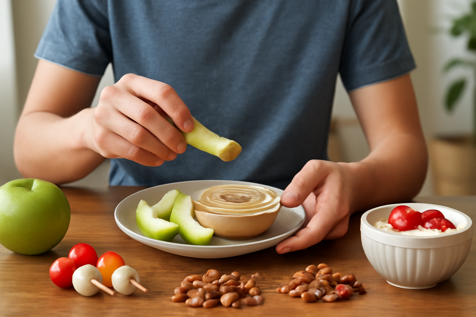 Person dipping green apple slices into peanut butter with healthy snacks nearby
