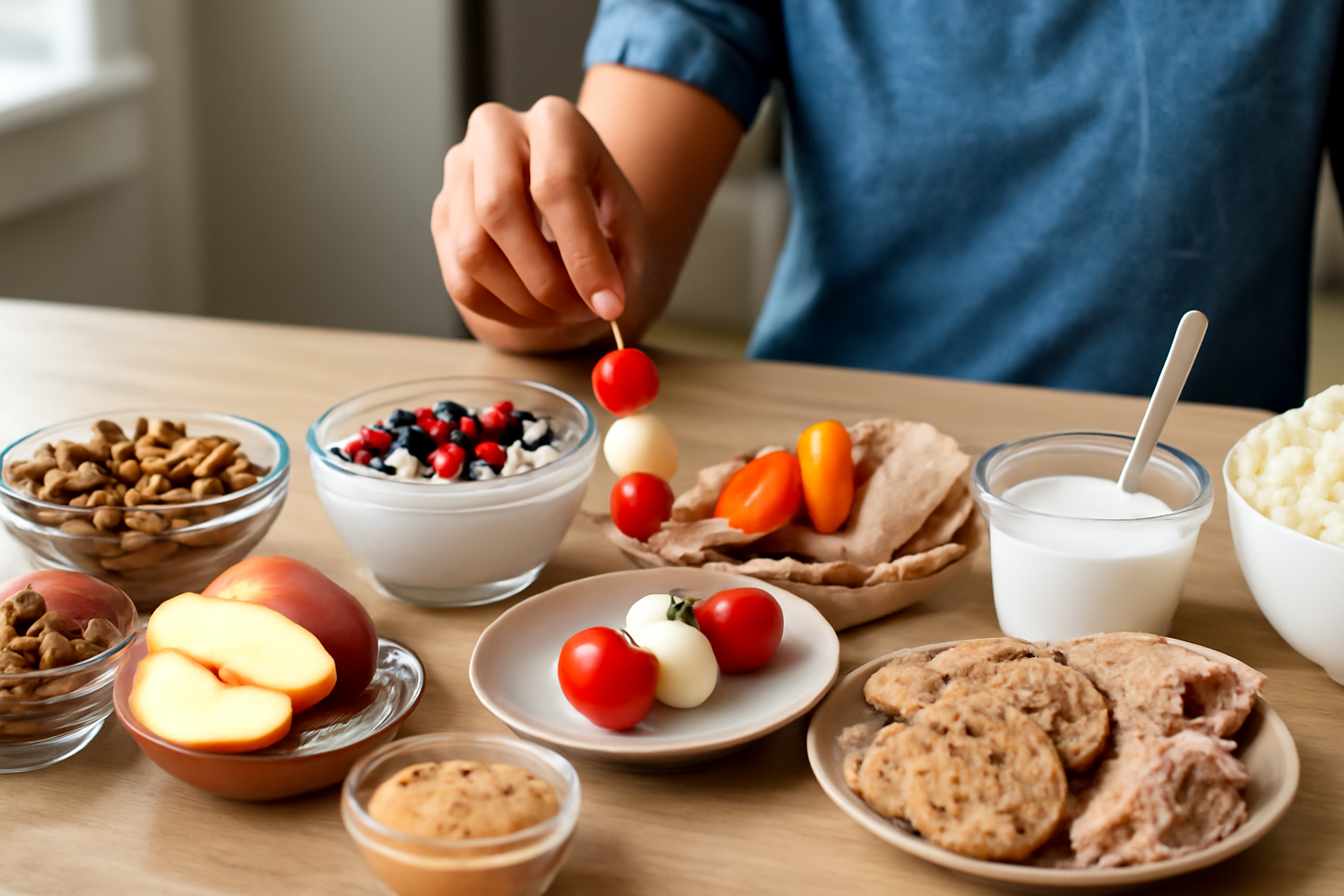A colorful assortment of healthy snacks for adolescents, including sliced fruits, vegetable sticks, whole grain crackers, yogurt, and mixed nuts on a table.