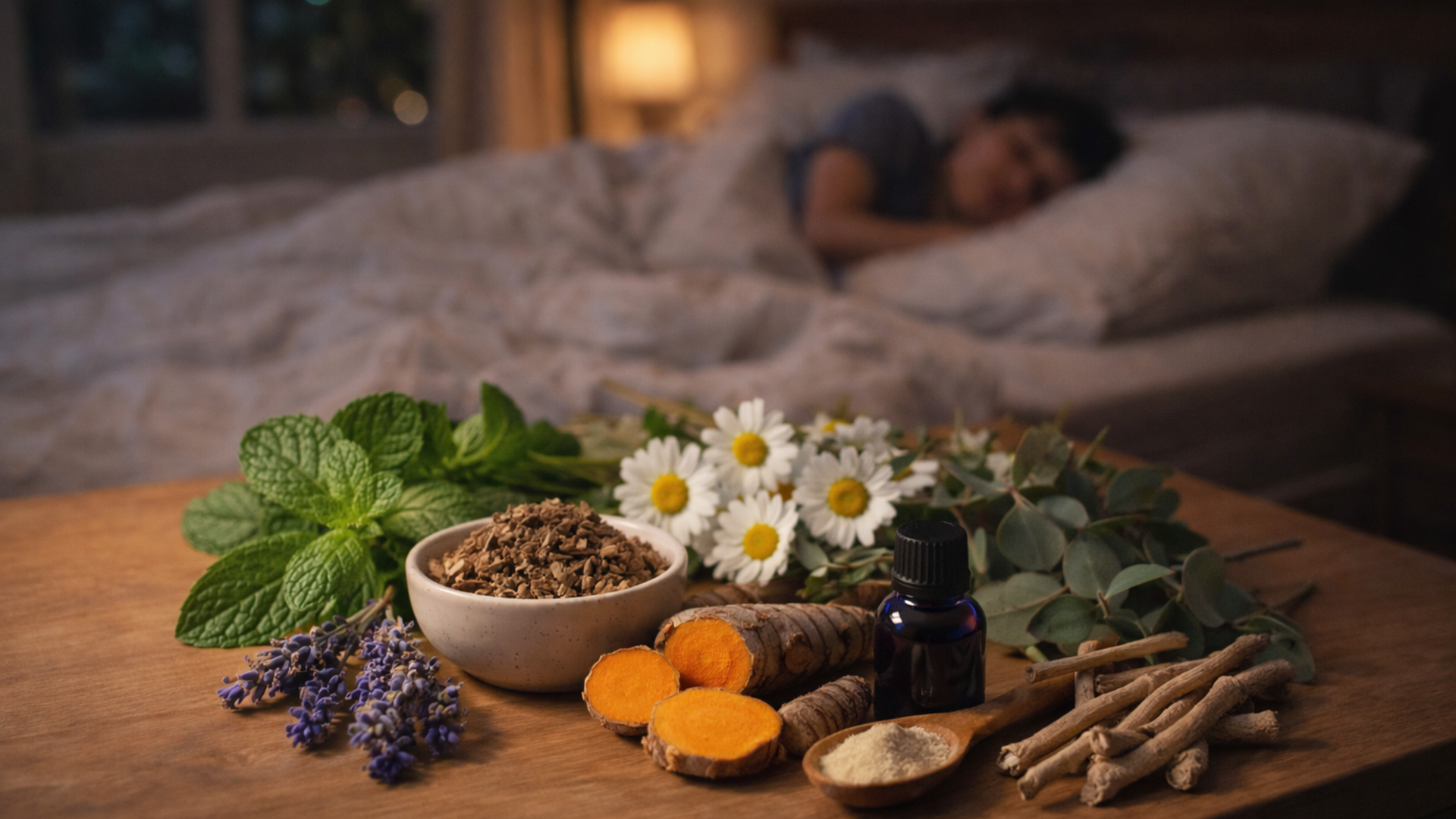 Assorted herbal remedies including valerian root, chamomile flowers, and lavender, commonly used as natural treatments for sleep apnea symptoms.