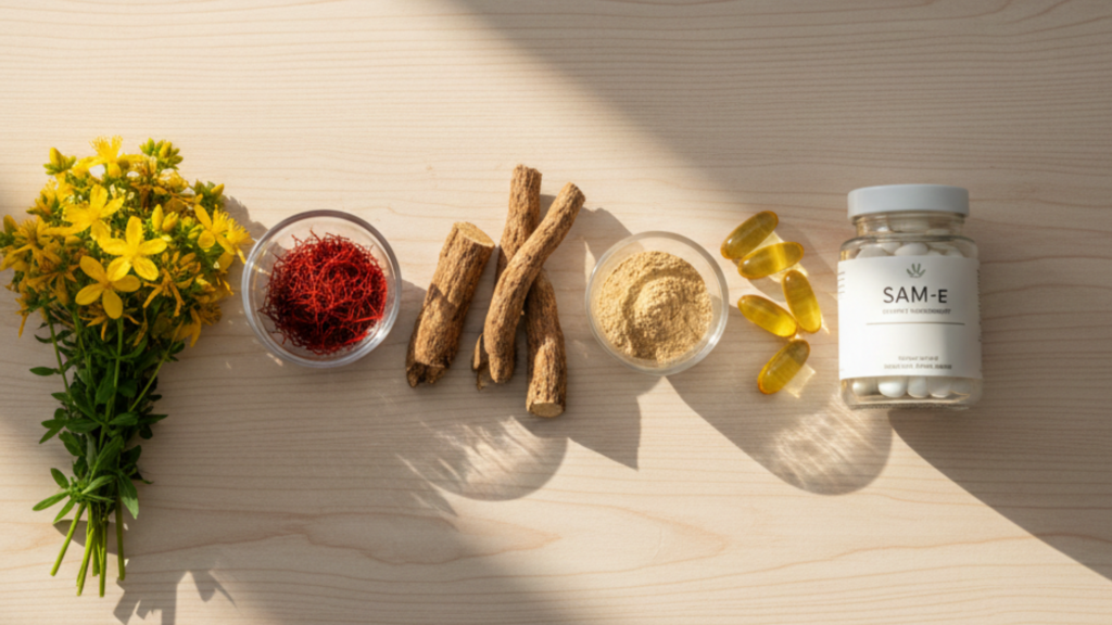 A selection of natural antidepressants including St. John’s wort, omega-3 supplements, turmeric, and leafy greens arranged on a wooden table.