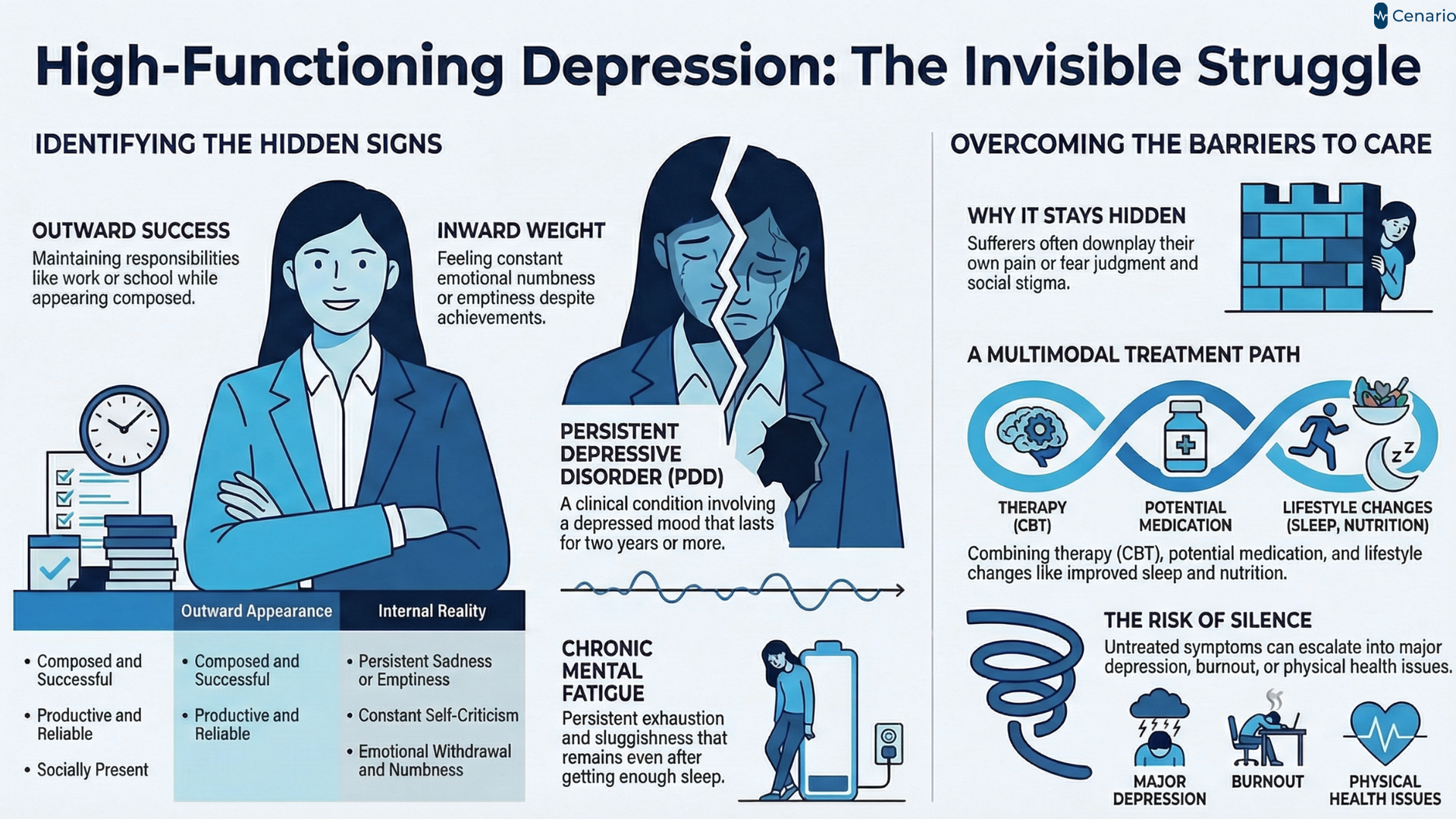 A person with high functioning depression appears successful and engaged in daily life but silently struggles with persistent sadness and emotional fatigue.