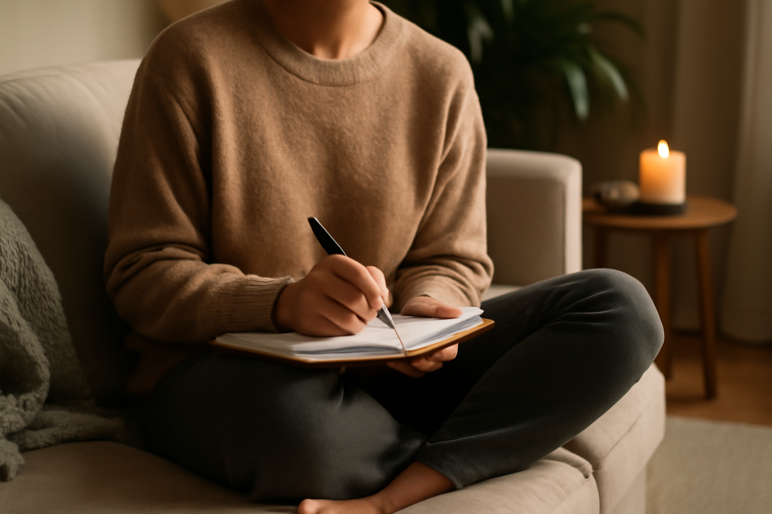 Person sitting cross-legged on couch writing in journal with lit candle nearby