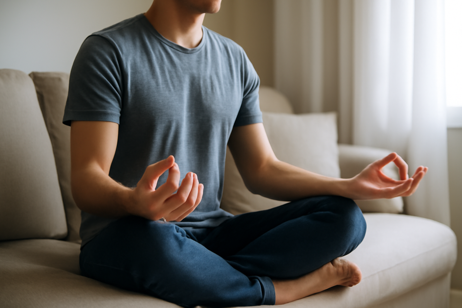 Person meditating cross-legged on a couch in a calm room