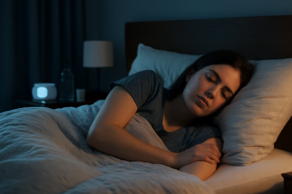Person sleeping peacefully in a dark, quiet bedroom with blackout curtains, illustrating tips on how to stay asleep for 8 hours without interruptions.