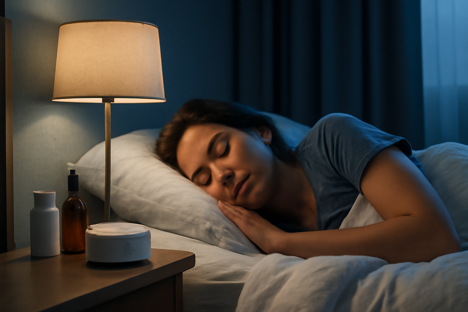 Woman sleeping peacefully in bed next to a lit bedside lamp