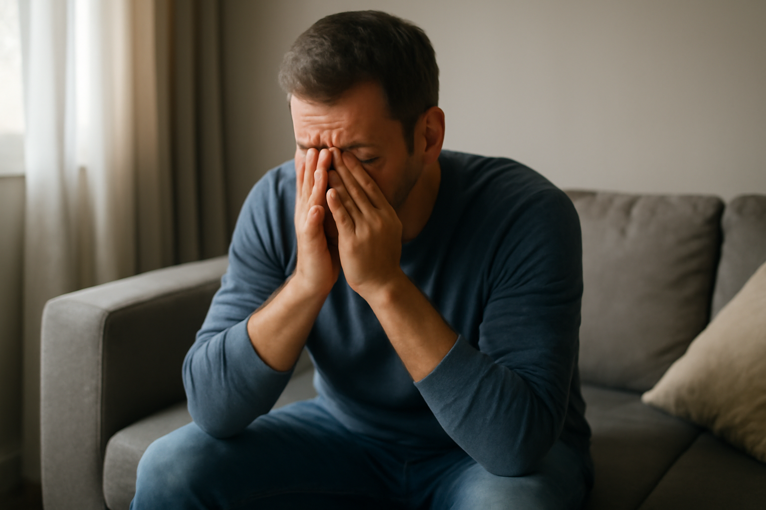 Man sitting on couch covering his face with hands