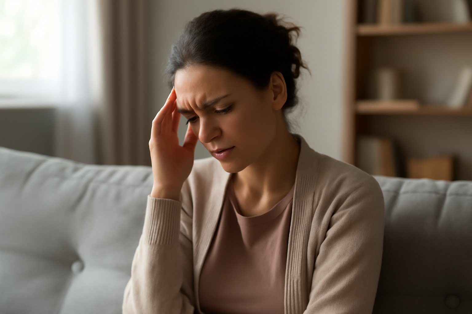 Woman sitting on couch with hand on forehead, looking worried