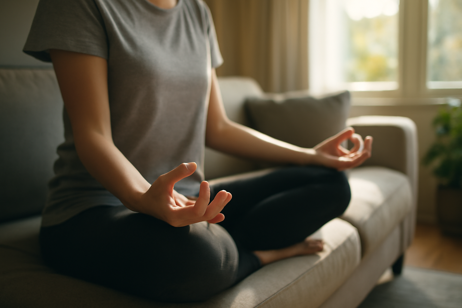 Person meditating in seated lotus position on couch
